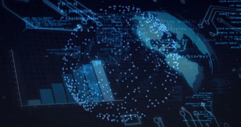 After dark screen fading, digital globe rotating while data bars updating to Stock Footage 312712936