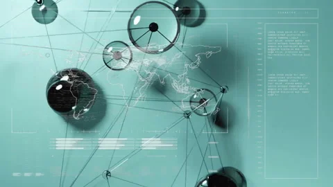 After data bars flashing nodes rotating and drifting outward highlighting global Stock Footage 313494689