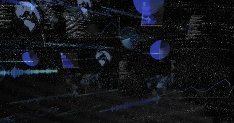 After data burst, pie charts and globe icons fading, sliding, drifting revealing Stock Footage 331735792