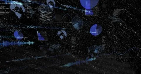 After data burst, pie charts and globe icons fading, sliding, drifting revealing Stock Illustration