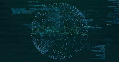 After delay, data globe and DOWNLOAD text undergoing glitching and rotating Stock Footage 310298157