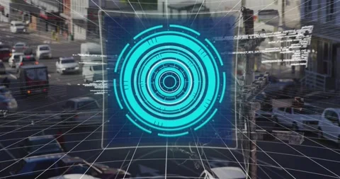 After delay holographic panel fading over intersection code flowing grid Stock Footage 317459546