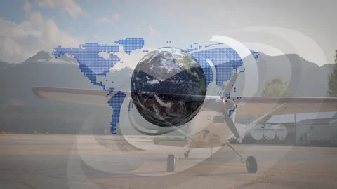 After delay plane staying static and map fading then globe rotating representing Stock Footage 312240771