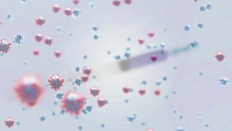 After delay syringe emerging through red-blue viral spheres, pushing needle Stock Footage 311663651