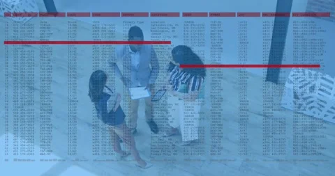 After delay team leaning over clipboard and tablet viewing code overlay scanning Video stock 328521043