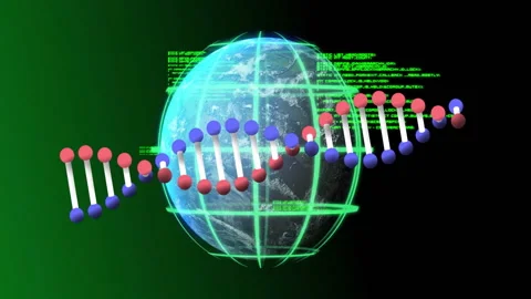 After digital globe appearing, DNA helix sliding, spiraling and magnifying for Video stock 311455241