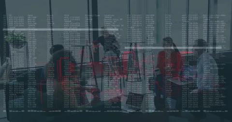 After discussion team seeing glitching code lines turning business meeting to Stock Footage 311216756