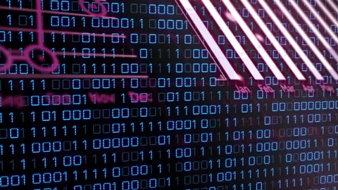 After displaying binary grid, code cascading, bars sliding and pie rotating, Stock Footage 310659726