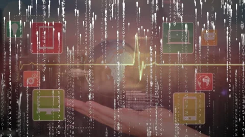 After ECG pulsing palm rising holding rotating globe while icons code streaming Stock Footage 309893565