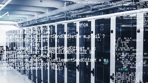 After empty rack code overlay appearing on cabinets in data center growing Stock Footage 325706792
