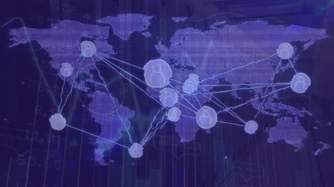 After Europe node pulsing, global nodes appearing and connecting via lines Stock Footage 309679970