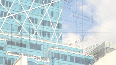 After facade pause, spreadsheet grid fading across tower, chart rising showing Stock Footage 310825901