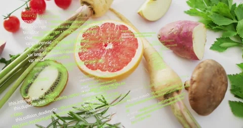 After first second code lines scrolling diagonally over grapefruit and produce Stock Footage 317793607