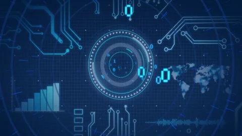 After frame emergence, circular interface rotating while data bars rising for Stock Footage 311083838