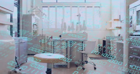 After frame2 translucent binary digits appearing on worktable and flowing across Stock Footage 315529562