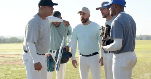 After glove toss Diverse baseball team debating huddling shouting and jogging on Stock Footage 340009087