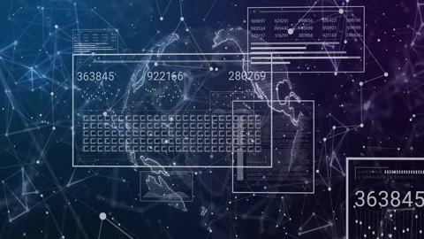 After glowing nodes, rotating globe revealing continents and updating panels Stock Footage 311216972