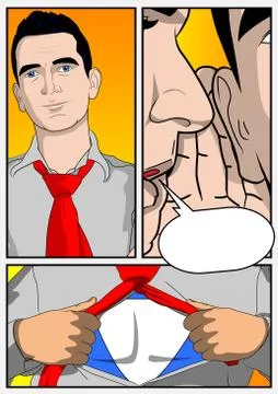 After gossip with blank speech bubble, man in superhero suit opening shirt to Stock Illustration