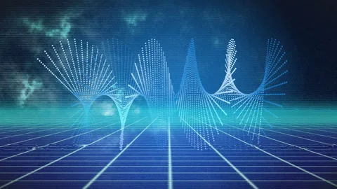 After grid display, white particles drifting then waveform emerging and morphing Stock Footage 312361308