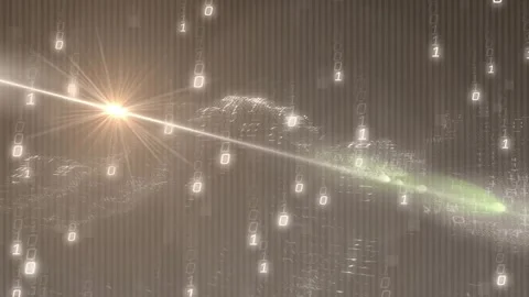 After grid forming binary rain falling golden beam sweeping green flickering Stock Footage 317128321