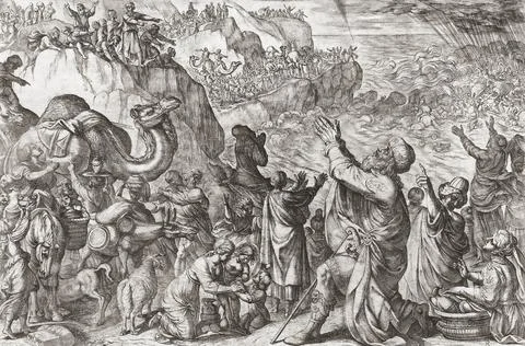 After having parted to allow Moses and his people to escape Egypt, the Red Sea c Stock Illustration