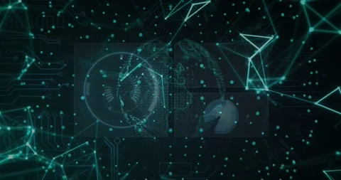 After HUD sweep, teal dotted globe rotating east, dots pulsing, mesh shifting, Stockbeeldmateriaal 328685239