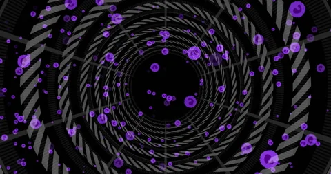 After initial pause striped walls rotating while purple orbs drifting inward Video stock 310636746