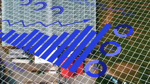 After initial static rooftop frame, blue 3D bars and rings sliding to visualize 動画素材 334242448