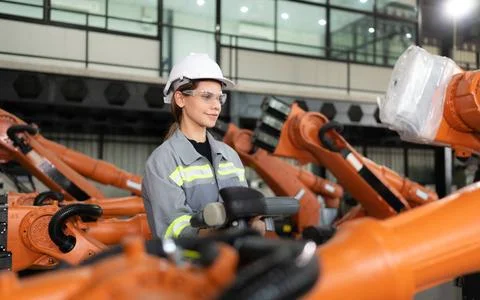 After installing a program on the robotic arm, a female engineer with a ro... Stock-Fotos