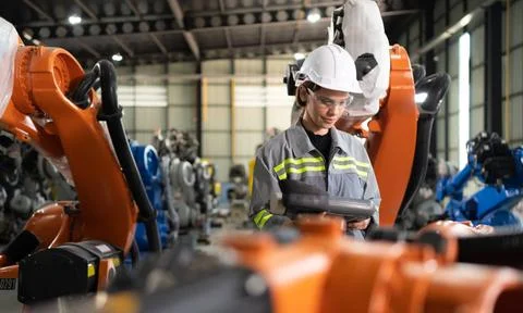 After installing a program on the robotic arm, a female engineer with a ro... Stock-Fotos
