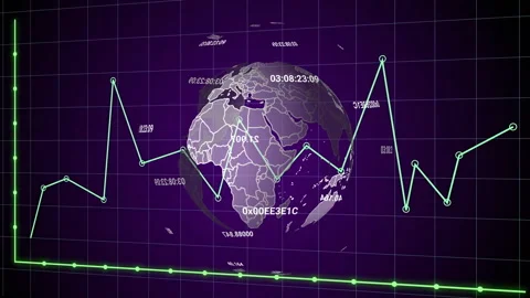 After launch showing dark purple grid, translucent 3D globe rotating and chart Vídeo Stock 313552846