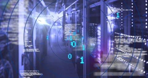 After LED flicker server racks projecting binary while expanding HUD, lens Stock Footage 310643173
