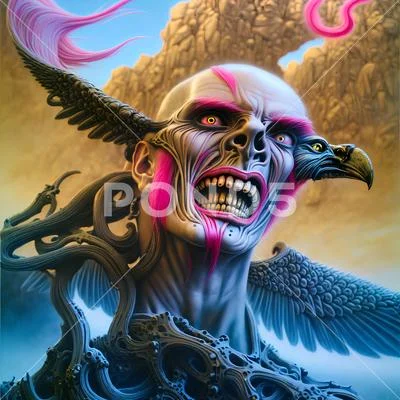 After life alien skull demon abstract pink hair blue and gold futuristic ab..
