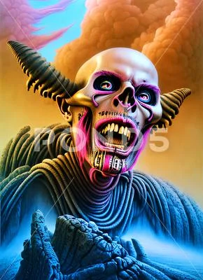 After life alien skull demon abstract pink hair blue and gold futuristic ab..