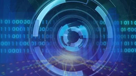 After light-blue arc dropping central rings assembling rotating code scrolling Stock Footage 313703560