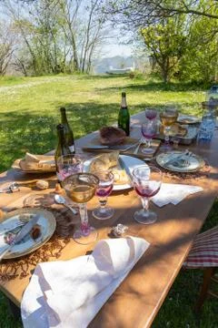 After lunch, up-set table Stock Photos