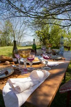 After lunch, up-set table Stock Photos