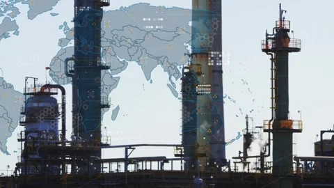 After map fade-in, refinery towers animating lines tracing data routes showing Stock Footage 328413244