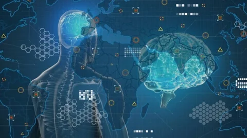 After map lines appearing cyan lit skeleton rotating pulsing brain connections Stock Footage 318260506