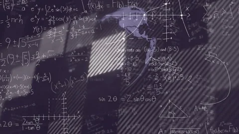 After math formulas animating 3D globe emerging rotating with plots sliding for Stock Footage 317799638