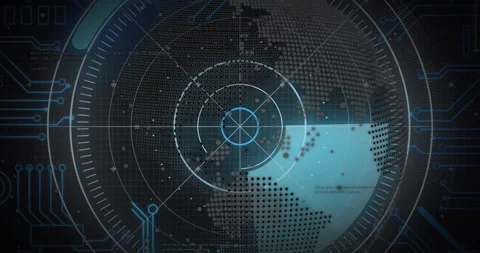 After matrix globe fading in scanning beam spinning overlay pulsing circuits Stock Footage 313772615
