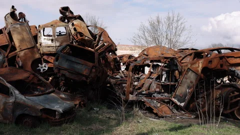 After missile, War aftermath, Burned cars Stock Footage 254736941