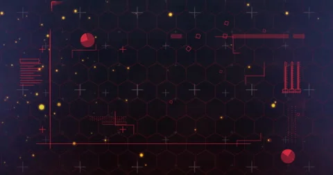 After navy backdrop showing hex grid animating golden sparks drifting elements Stock Footage 312500490