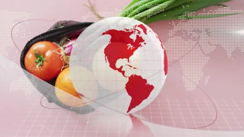 After net bag landing 3D globe zooming above rotating uncovering produce showing Stock Footage 314085305