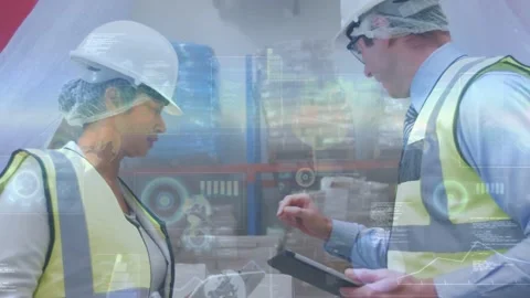 After note swap staff pointing racks and holding checklist, tablet with HUD Video stock 332544896