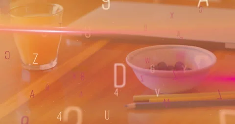 After one second alphanumeric code floating over glass laptop berries pencils Stock Footage 315715981