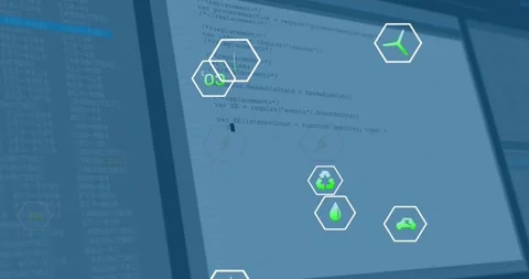 After one second backdrop shifting revealing code window, hexagon icons Stock Footage 317799797