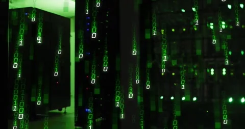 After one second binary digits streaming downward across server cabinets showing Stock Footage 319572635