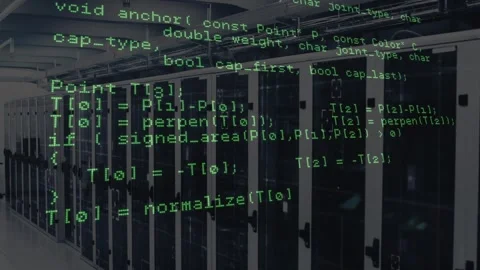 After one second C++ code appearing and scrolling upward over racks, visualizing Stock Footage 319682257
