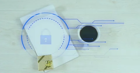 After one-second delay circuit lines animating around notepad showing lock and Stock Footage 318545288
